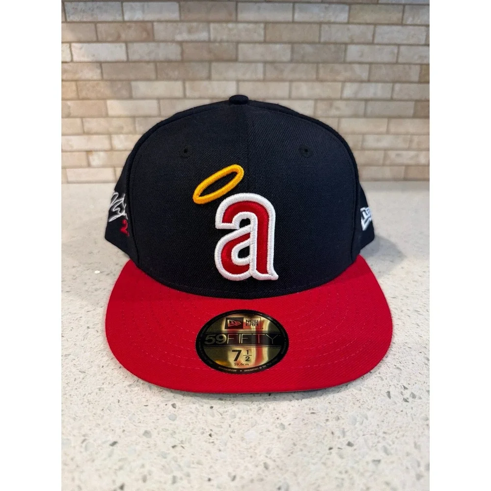 Authentic MLB Angels Navy & Red 1971 Halo New Era  59Fifty Fitted Hat 7 1/2